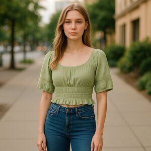 Altard State Womens S Green Peasant Blouse Boho Lace Crop Top Smocked Back Tie